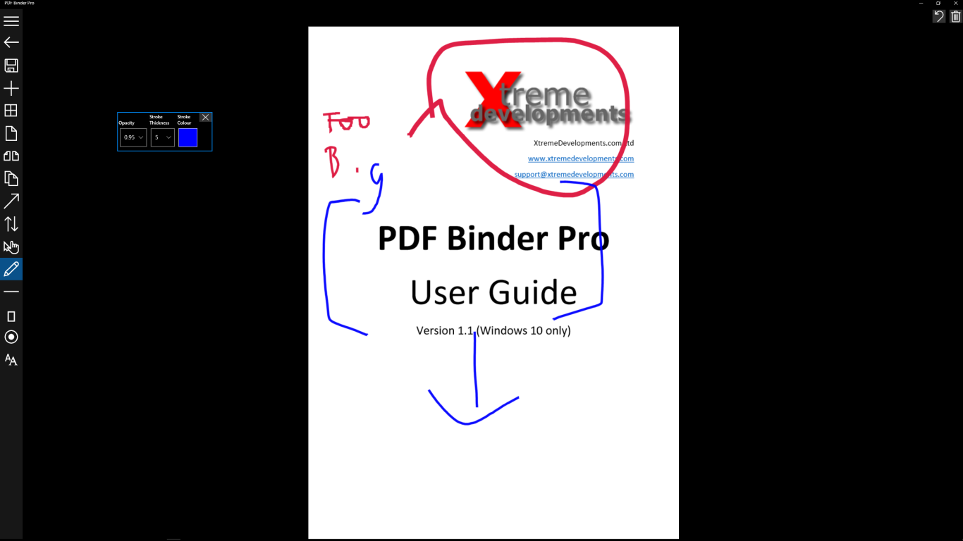 Annotate PDFs with freehand notes, drawings, shapes (line, rectangle, ellipse), and keyboard input.