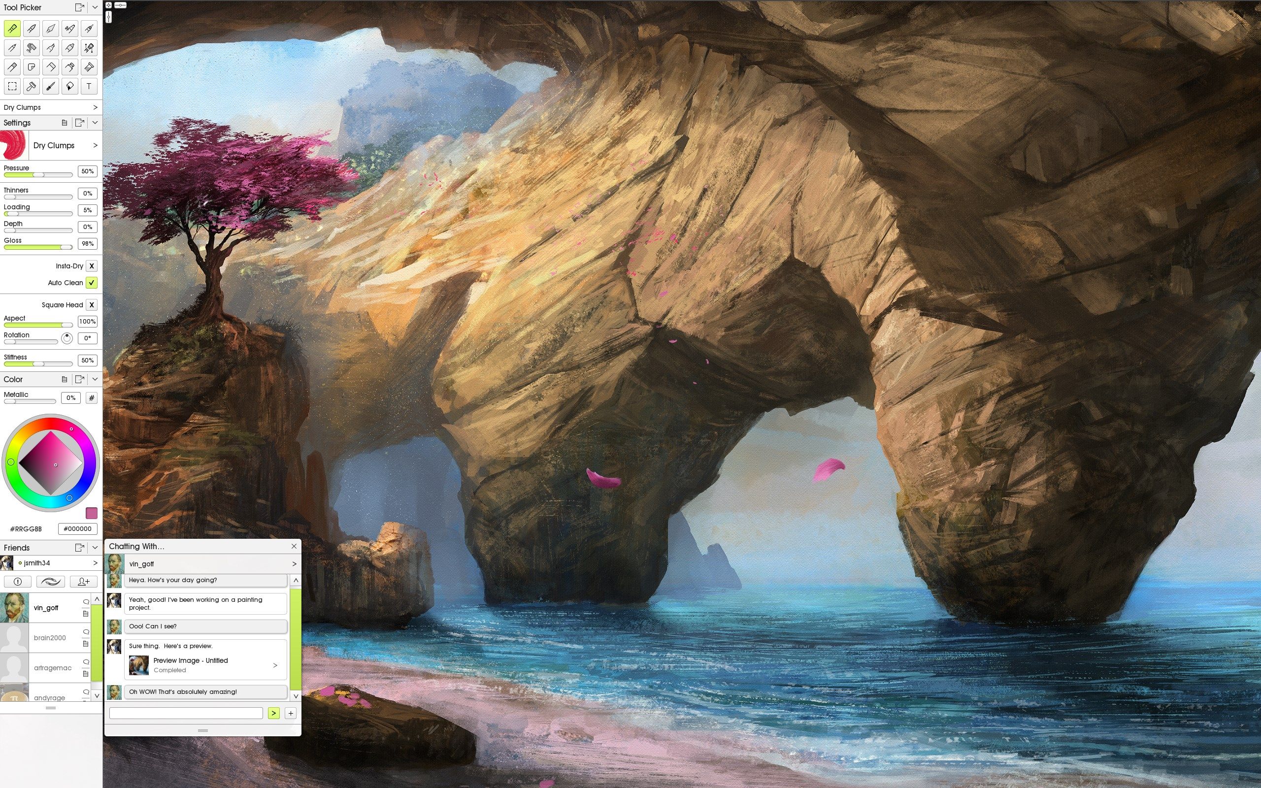 Show your ArtRage friends what you're working on with inbuilt messaging.