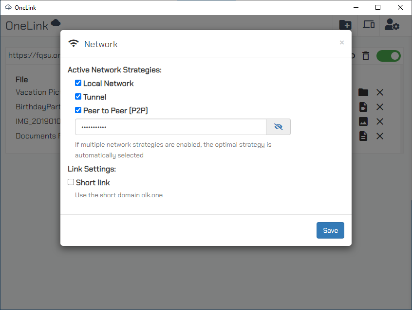 Select how to transfer your files and folders: peer-to-peer, local network (using only your WiFi/LAN), or http tunnel
