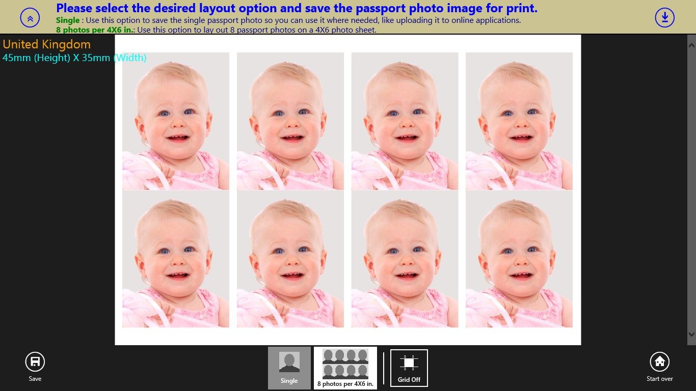 United Kingdom passport photo - 8-photo layout ready for 4x6 (10x15 cm) prints