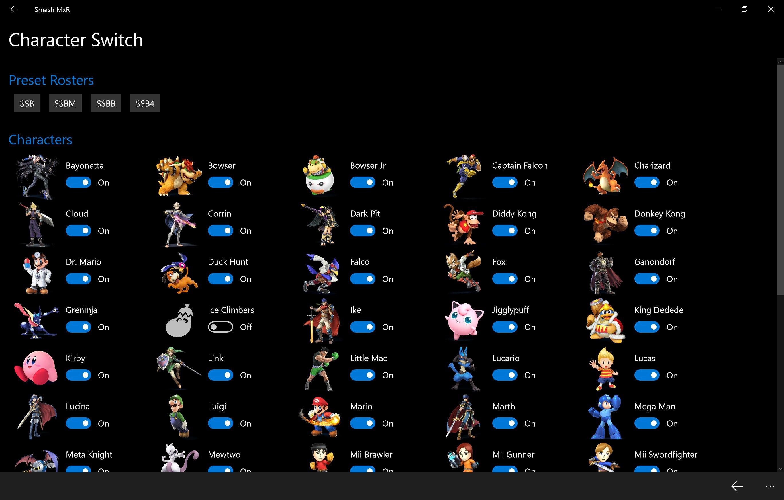 Customize the available characters from the full roster of characters from all 4 Super Smash Bros. games