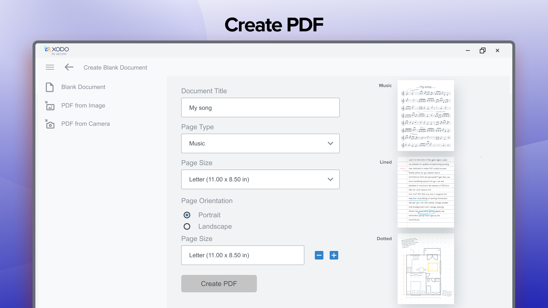 Create PDF documents with blank, music, isometric, lined, grid, graph, and dotted pages.