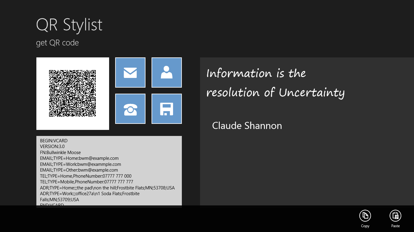 Select a contact, and generate a contact card QR barcode with no typing