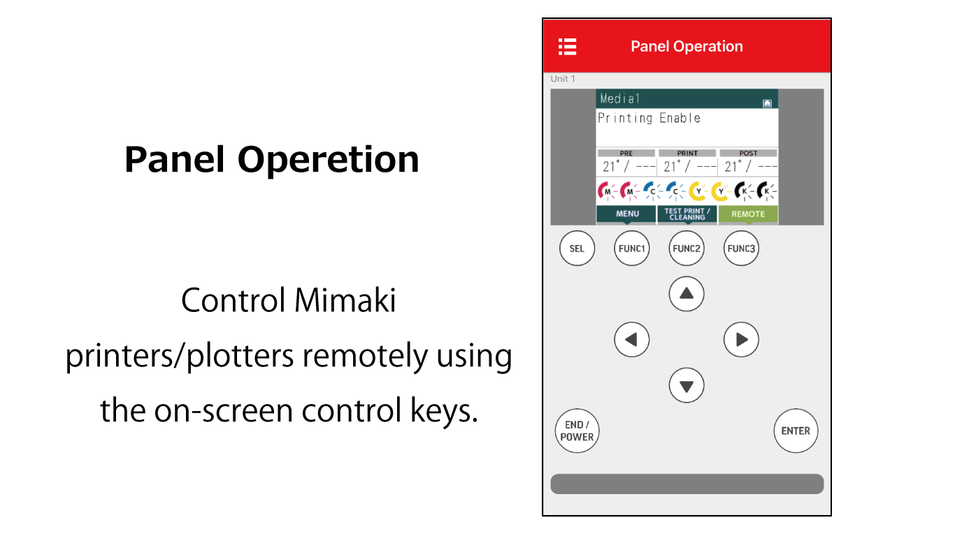 Control Mimaki printers/plotters remotely using the on-screen control keys.
