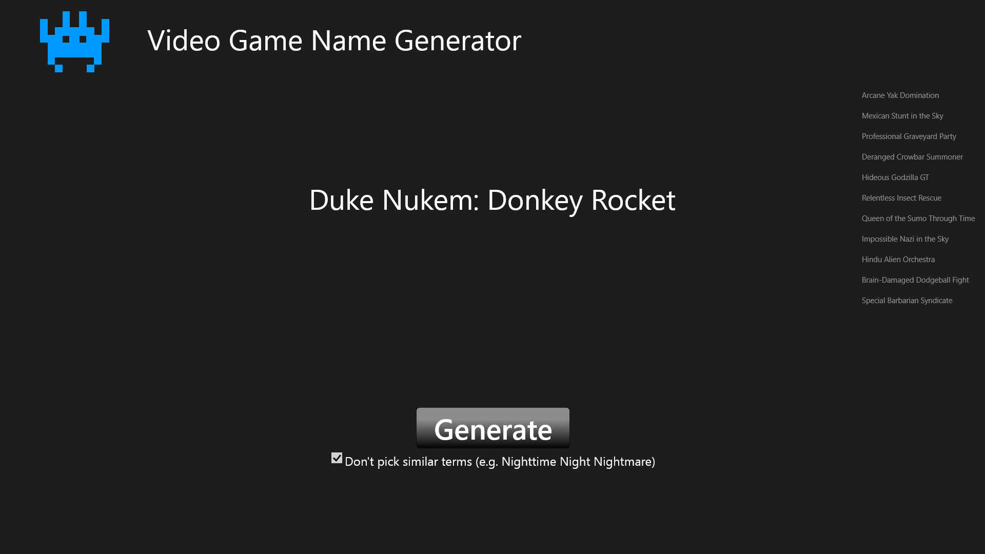 Generated name with list of names previously generated
