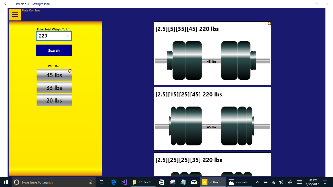 GYM TOOL: Plate combos helps you find the plates that you need when doing extra work beyond the 5-3-1 plan.  Just key in the weight that you want to lift.