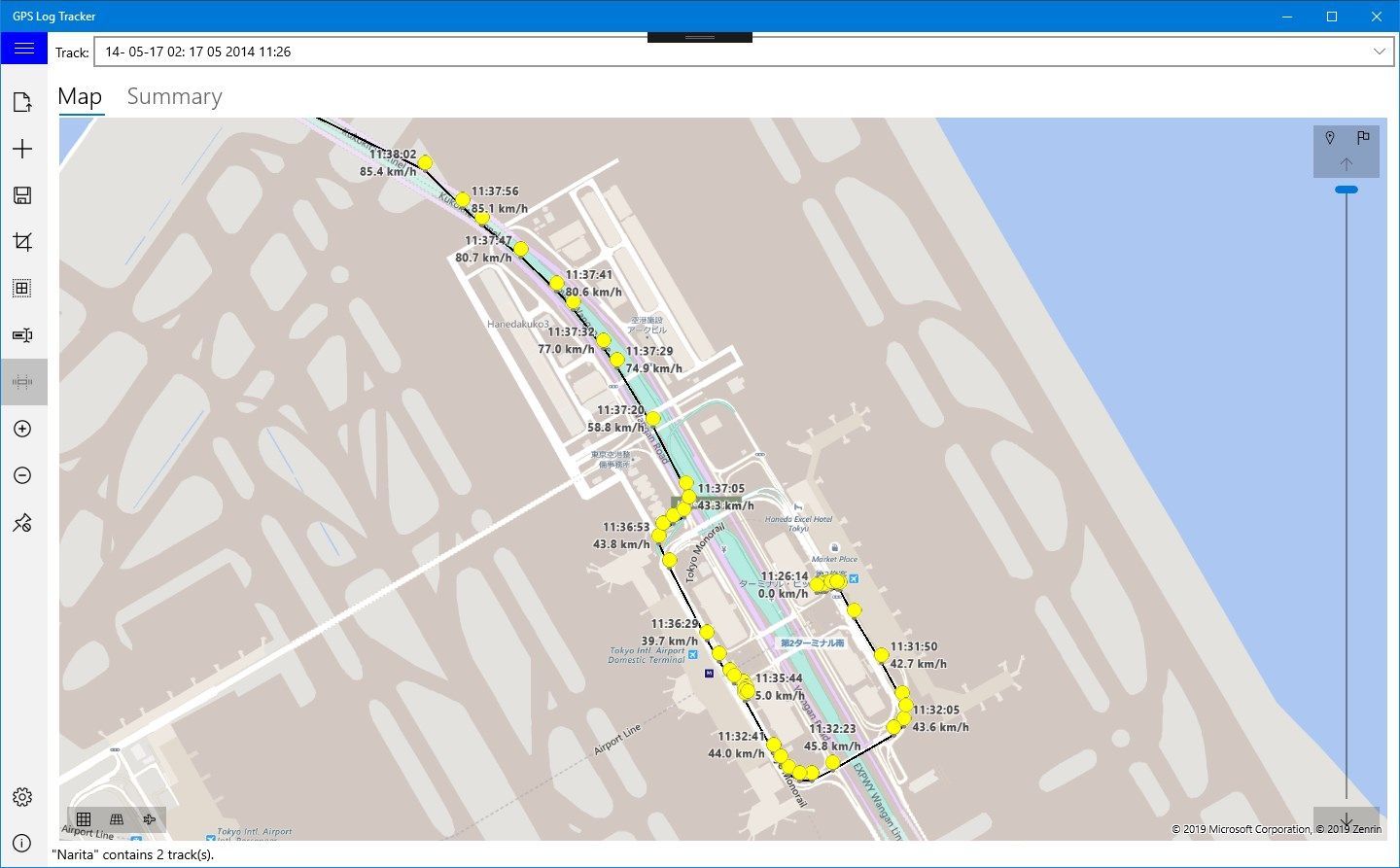 Route information acquired by Garmin GPS can be displayed on the map