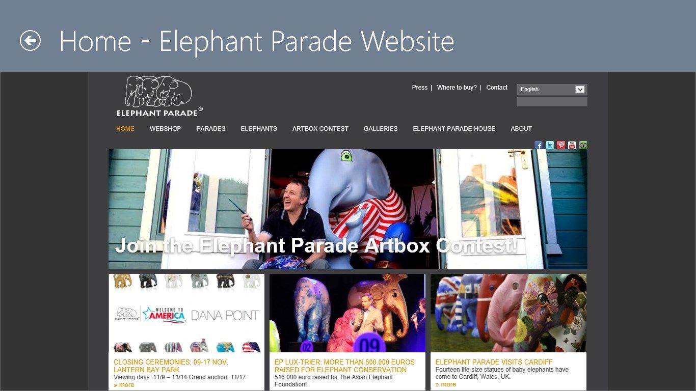 The elephant home page is displayed when the home - elephant parade button is selected from the main page.