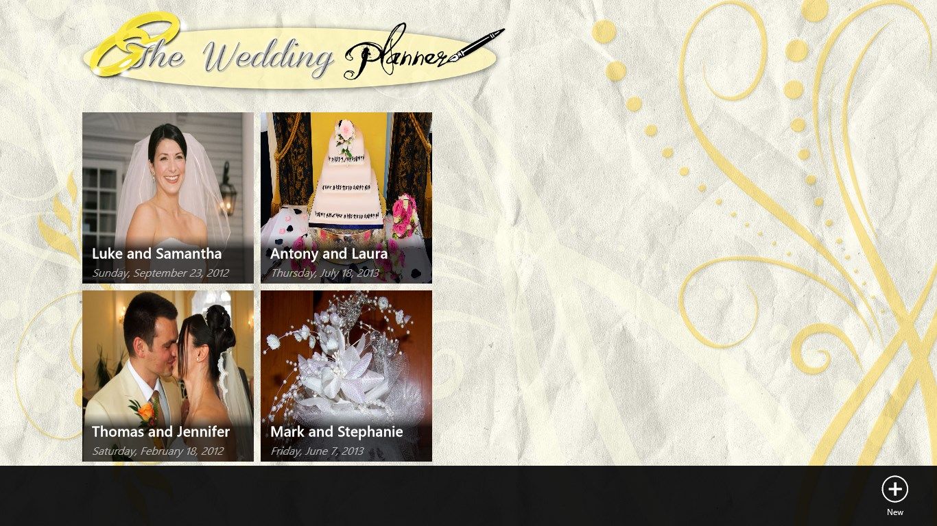 Main screen, listing with all managed Weddings