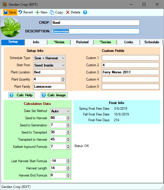 Setup each crops information, including 5 customization fields.