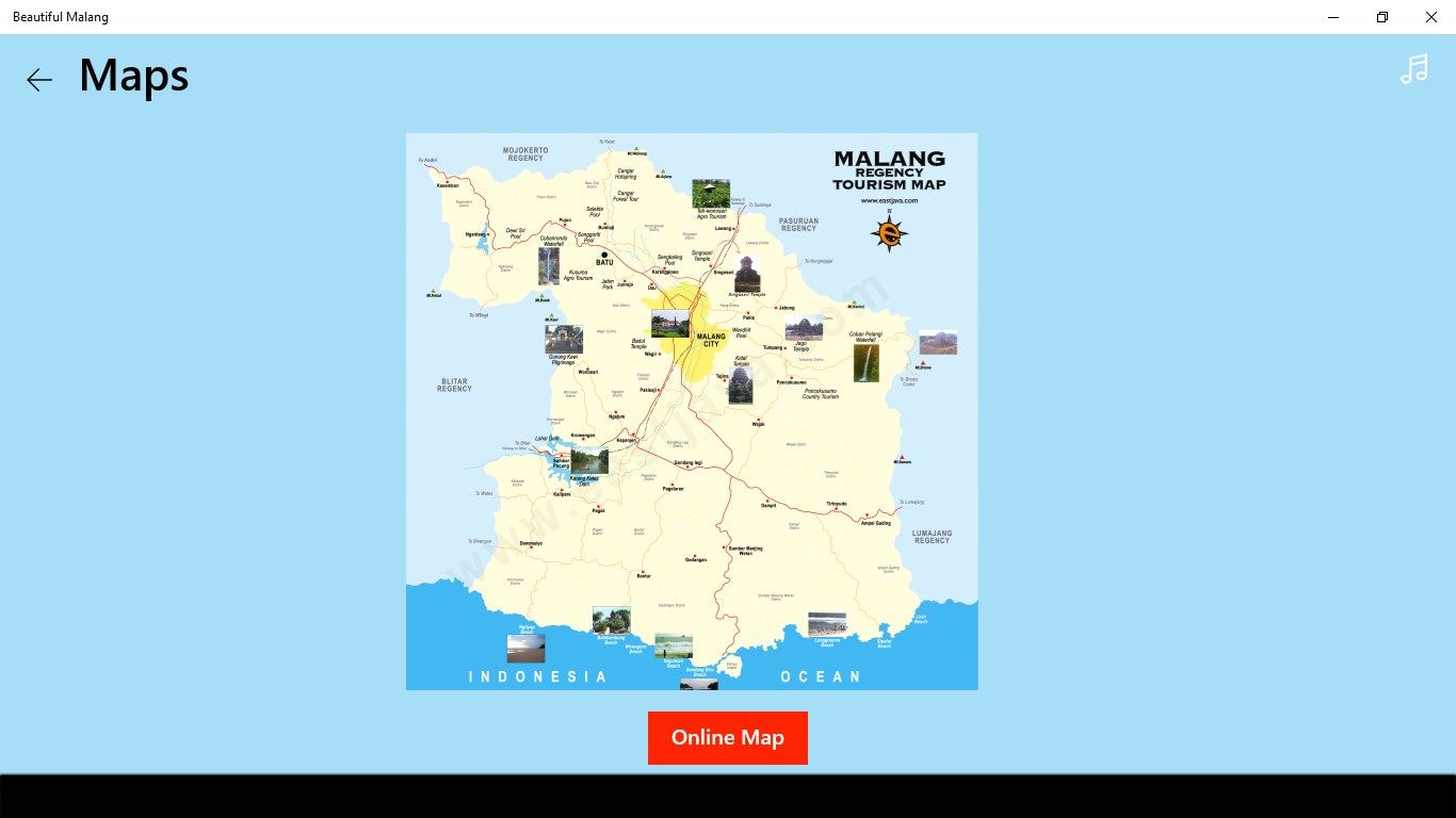 Maps, shows many interesting place in Malang, the users can choose the place where to go, and now the direction correctly by using the map.