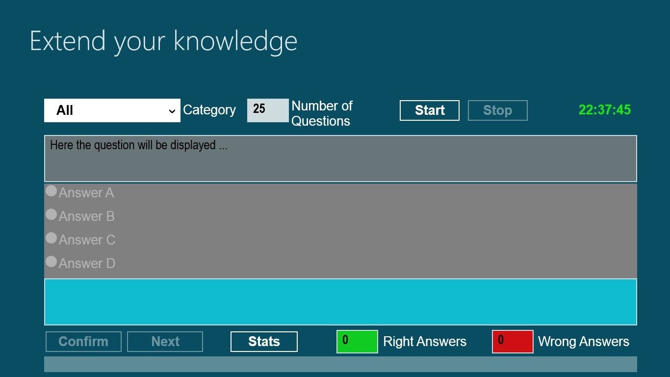 Main screen: question-answers, category choice