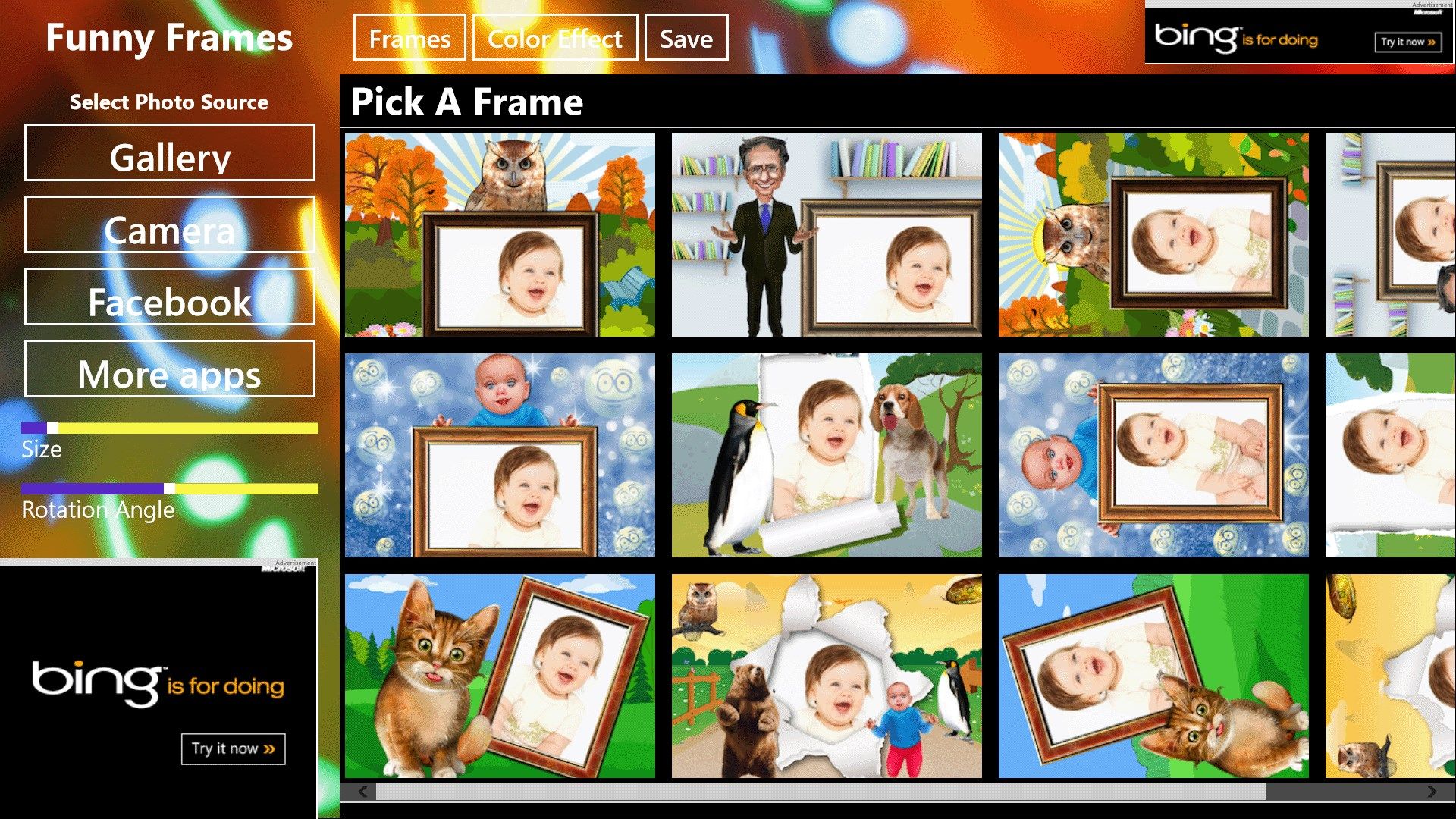 Pick a Frame screen listing all available funny frames.