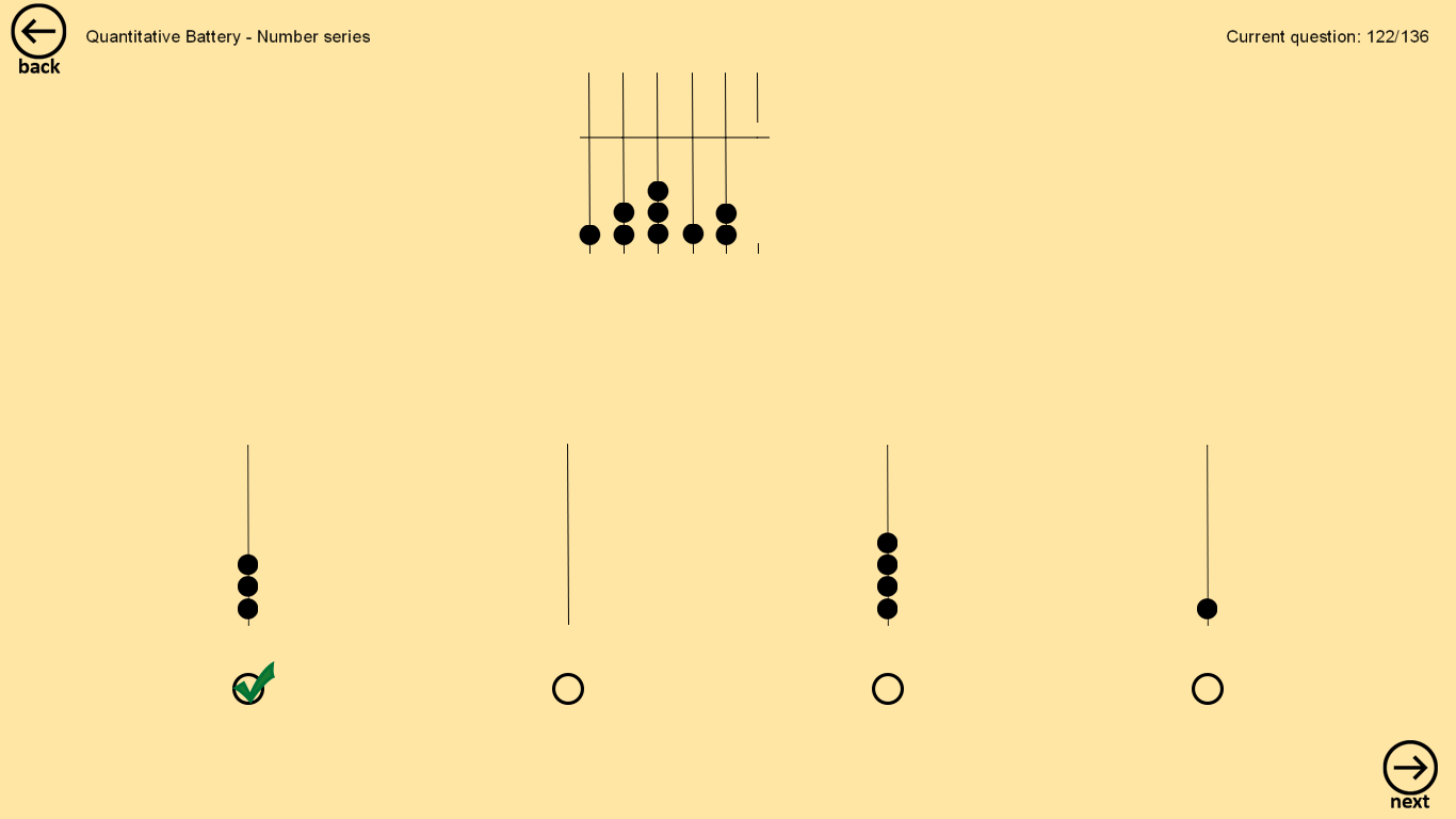 Test, number series - rods of abacus form a pattern. Which rod from below will complete the pattern?