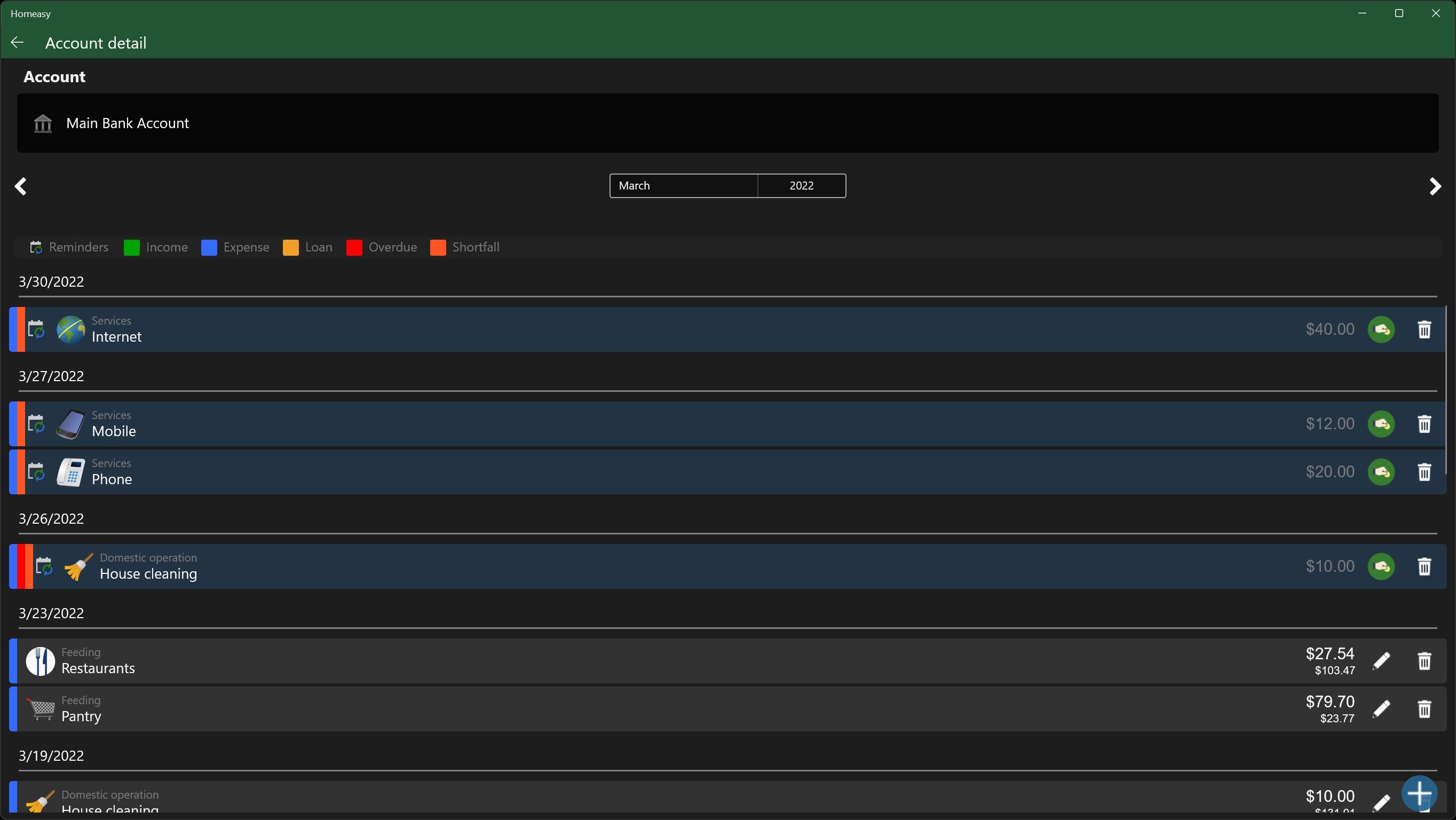 Detailed information on transactions by account