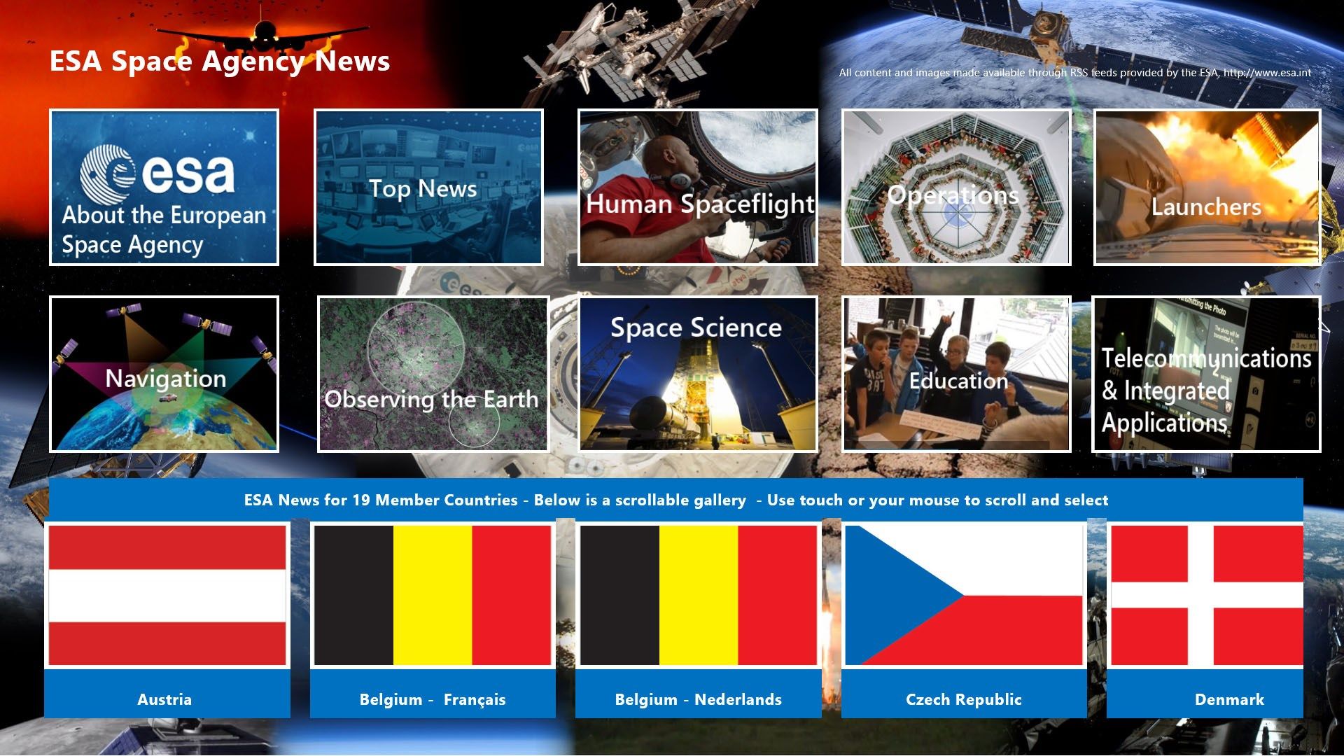 The home screen contains links to topical galleries as well as a scrollable gallery of member countries. Tap or click a tile or gallery flag to navigate to specific content.