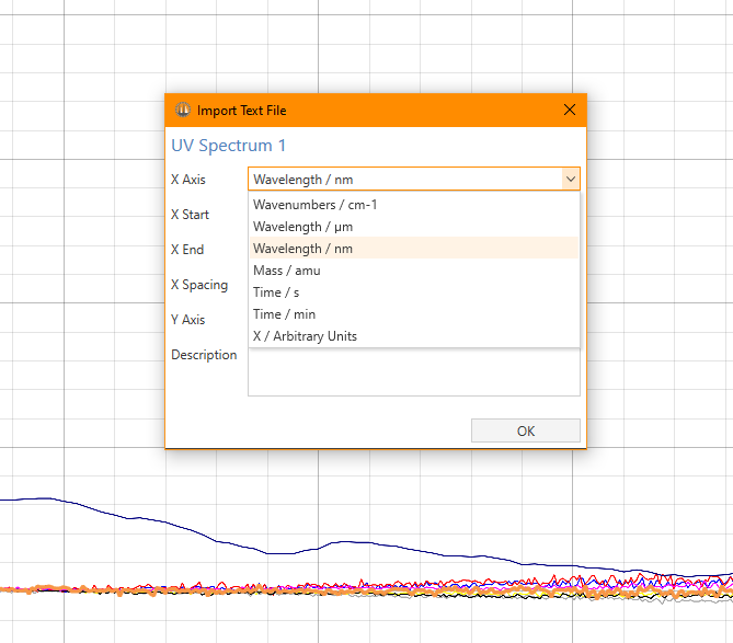 Import Raw spectral data from and define x- and y-axis values, spacing and units