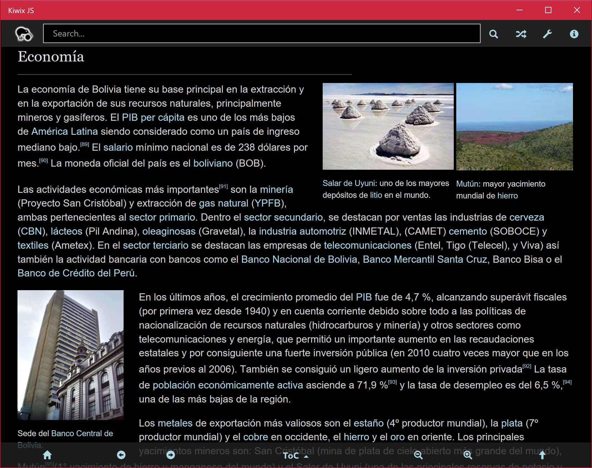 Dark Mode showing Spanish Wikipedia article on Bolivia with mobile style
