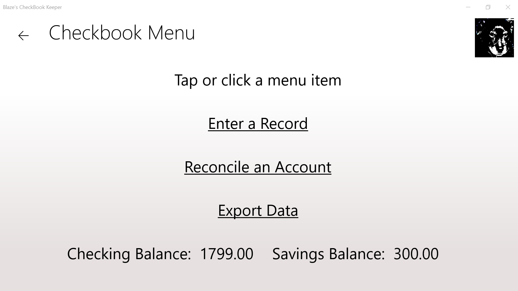 Main menu with account balances