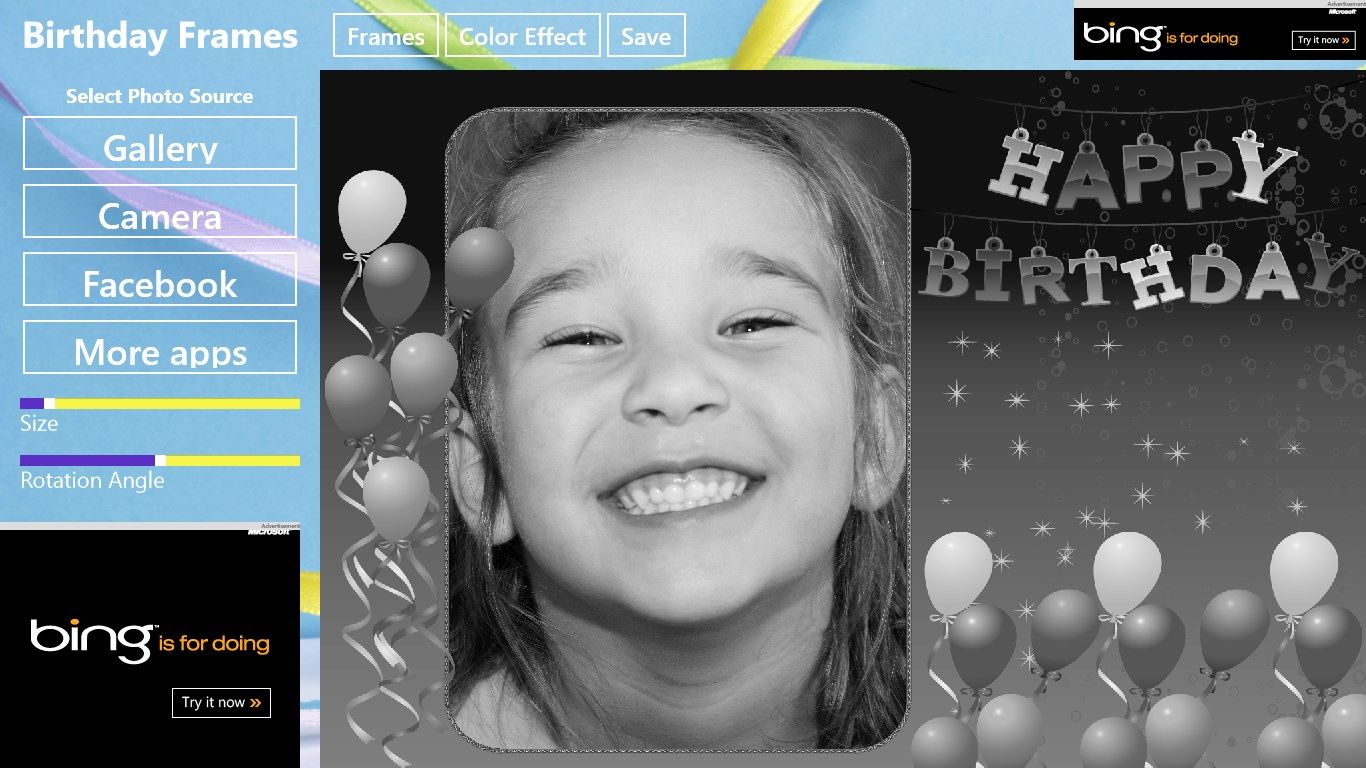 Photo with a birthday frame and Black and white color effect