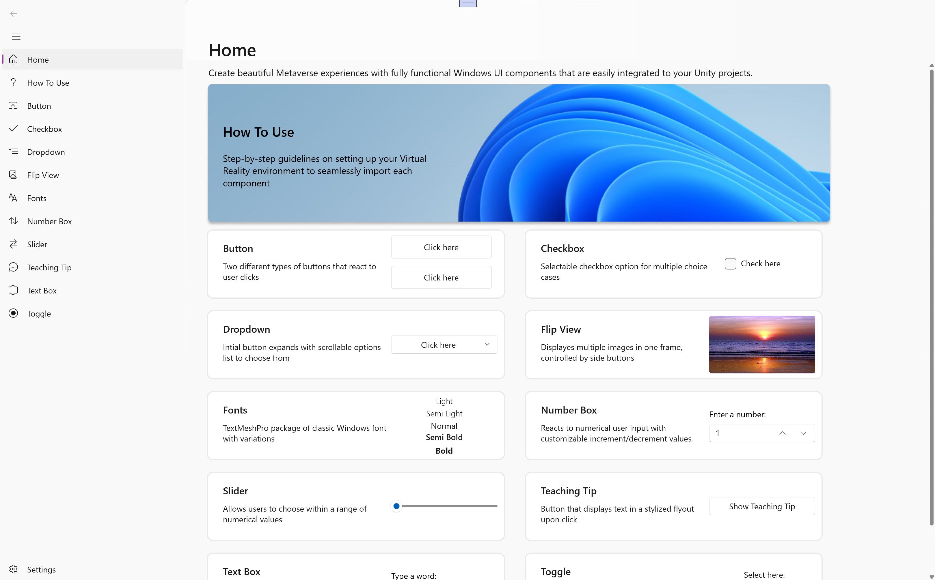 Home page displaying all components
