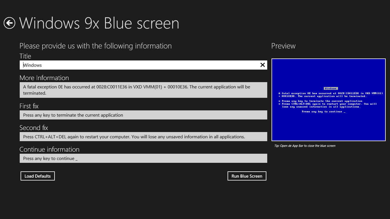 Customize the Windows 9x blue screen with the text you like, preview included