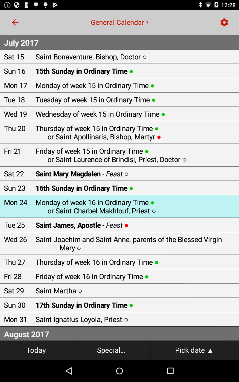 Catholic Calendar from Universalis