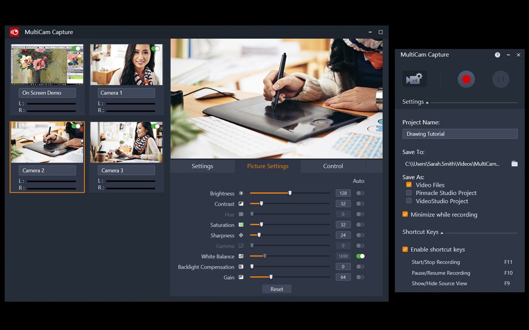 MultiCam Capture User interface - stream all connected camera feeds, and capture video from multiple devices at the click of a button.