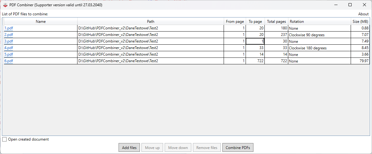 PDF Combiner - Main screen