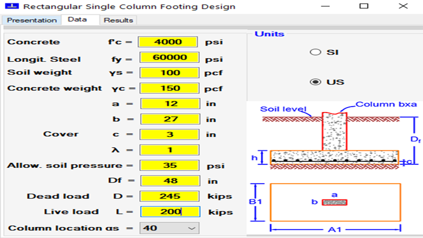 Rectangular Concrete Footings For Axial Loads (ACI318-19)