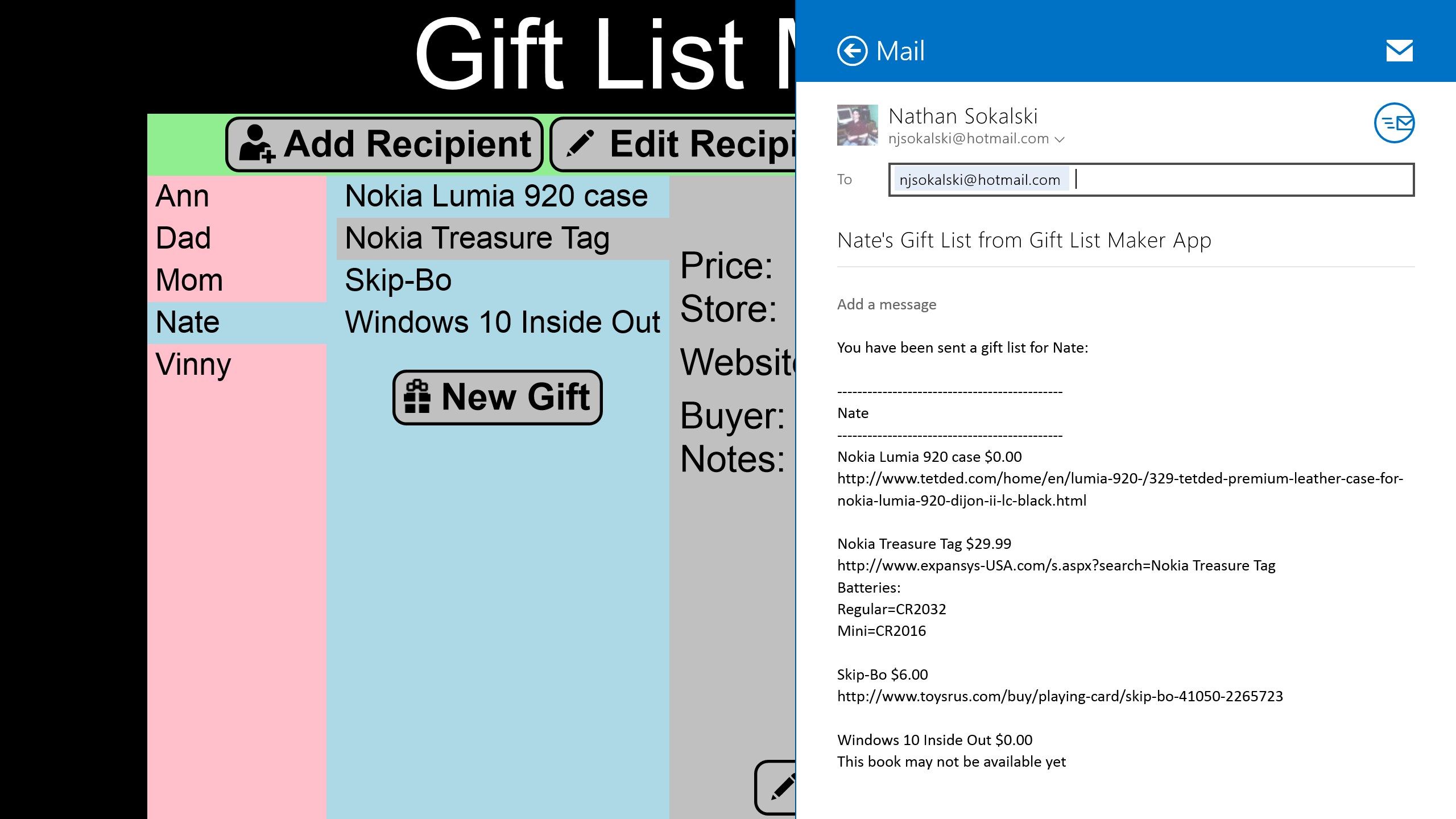 You can send the gift list for one or all of your recipients as an email