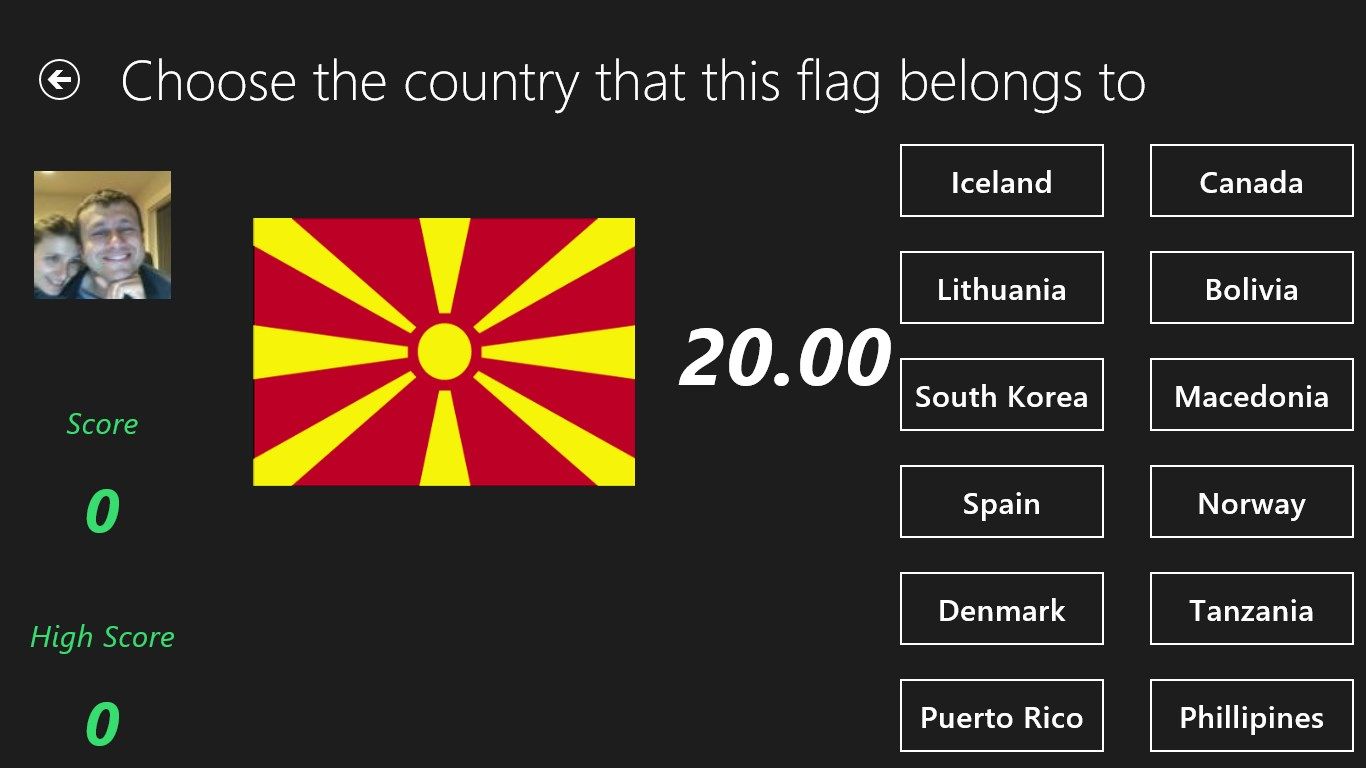 Choosing which country the flag belongs to - game mode. Clock is ticking. You have to correctly answer as many questions as you can in 60 seconds.