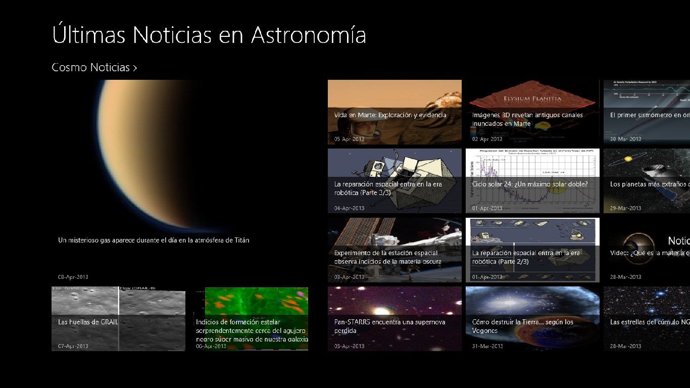 Noticias sobre Astronomía en un moderno formato de Windows 8.