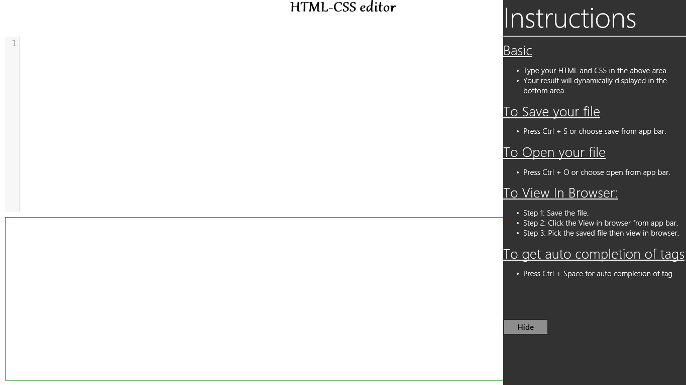 HTML CSS Editor with its Instruction Panel.