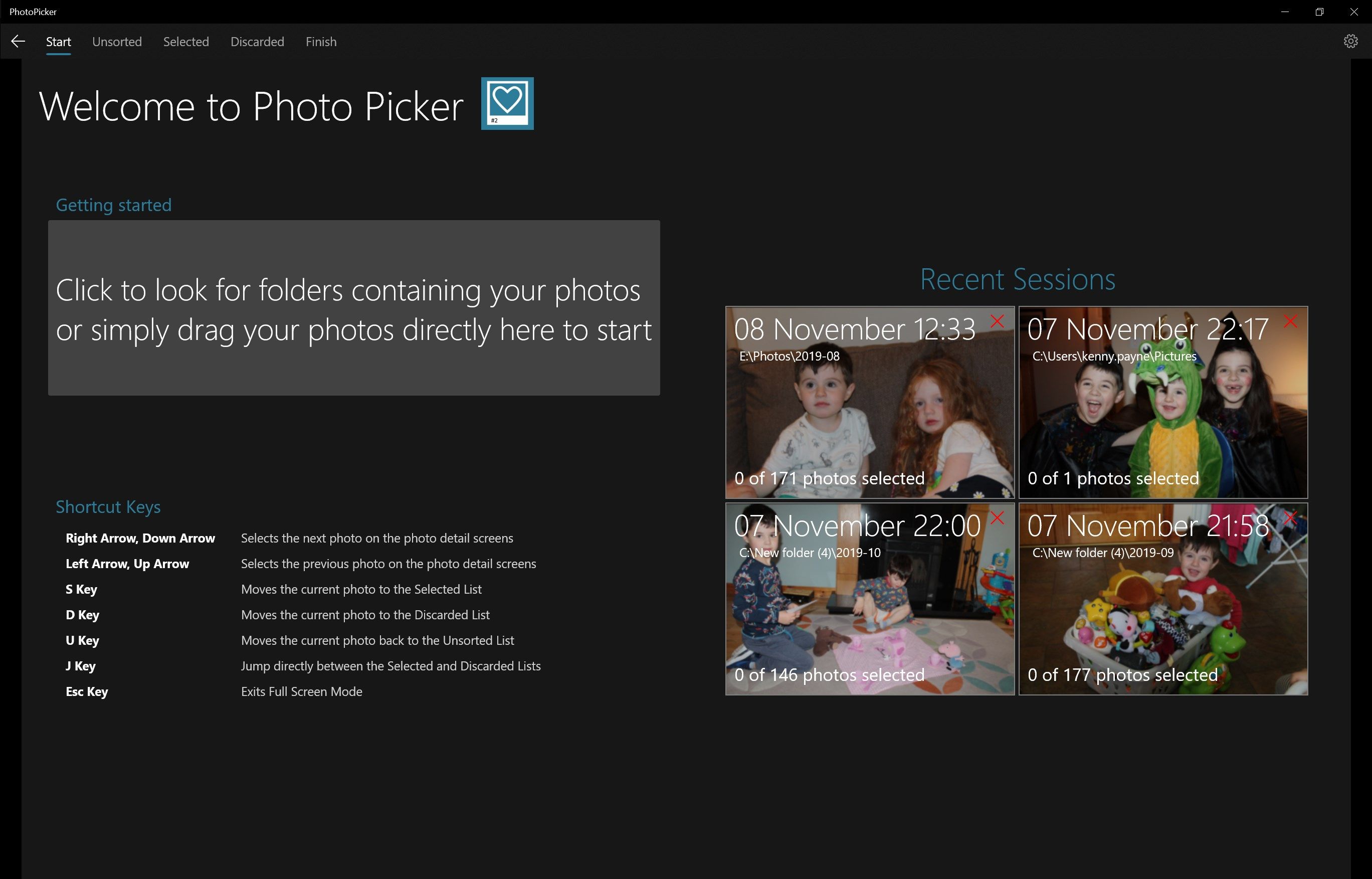 Start screen: Select your photo folder, drag photos onto the app or resume from a previous session