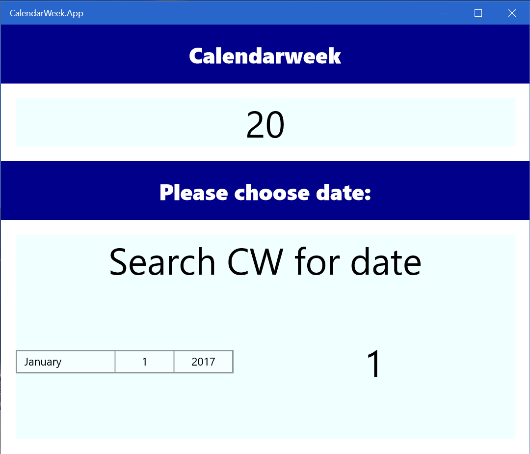 App page with calendar week calculation.