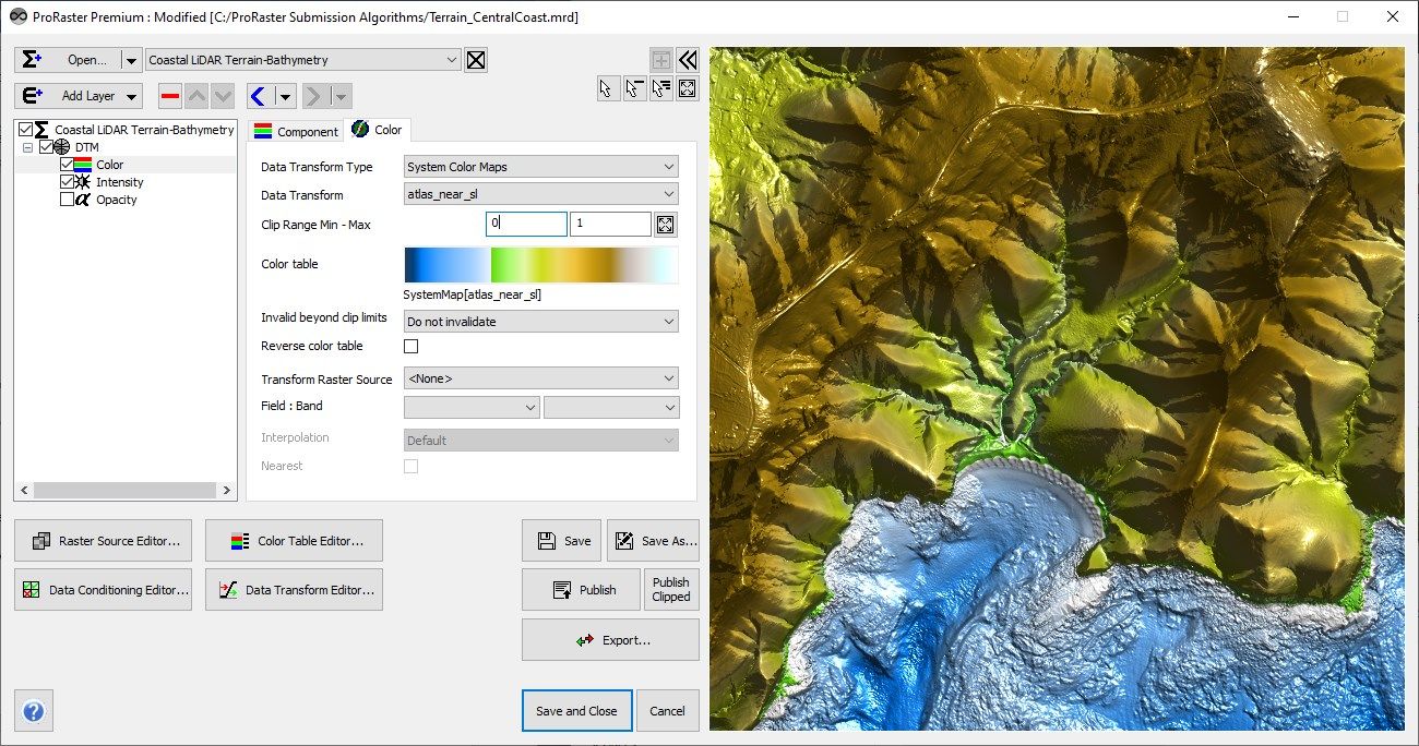 Display hill-shaded terrain and bathymetry data using fixed color-data transforms and color tables