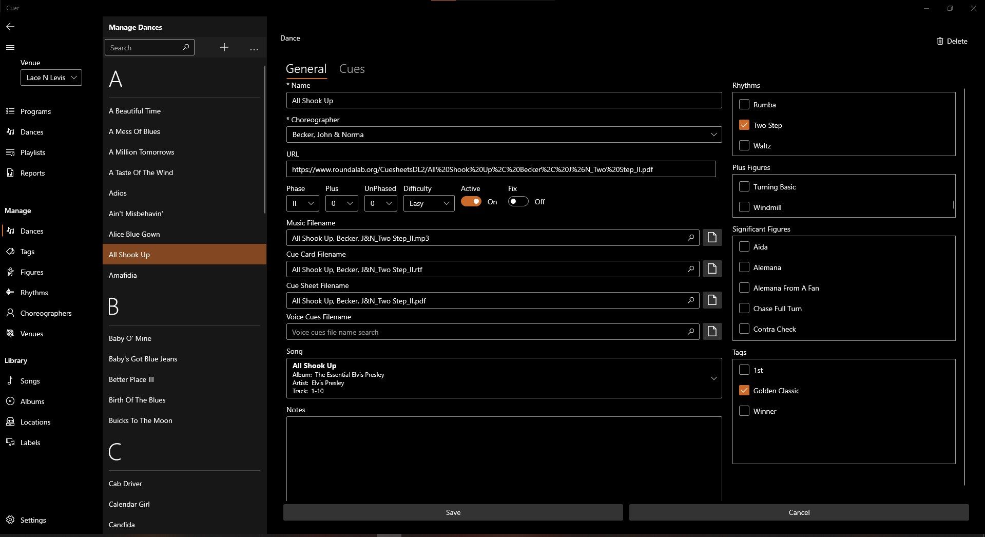 The manage dances page lets you add, edit and delete dances and their detailed information.