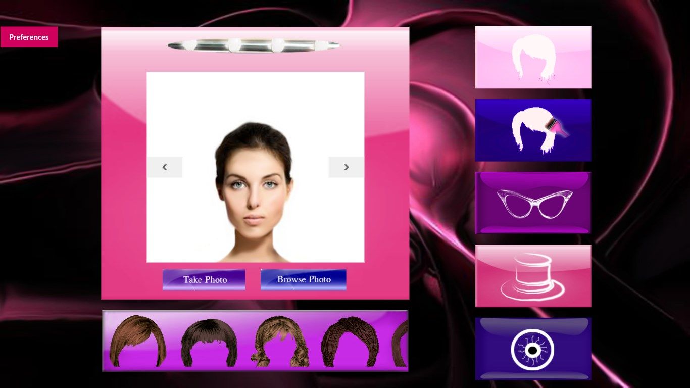 Capture your own photo, browse from file or select one of the models. Choose makeover items from haircuts, hair color, glasses, hats and lenses.