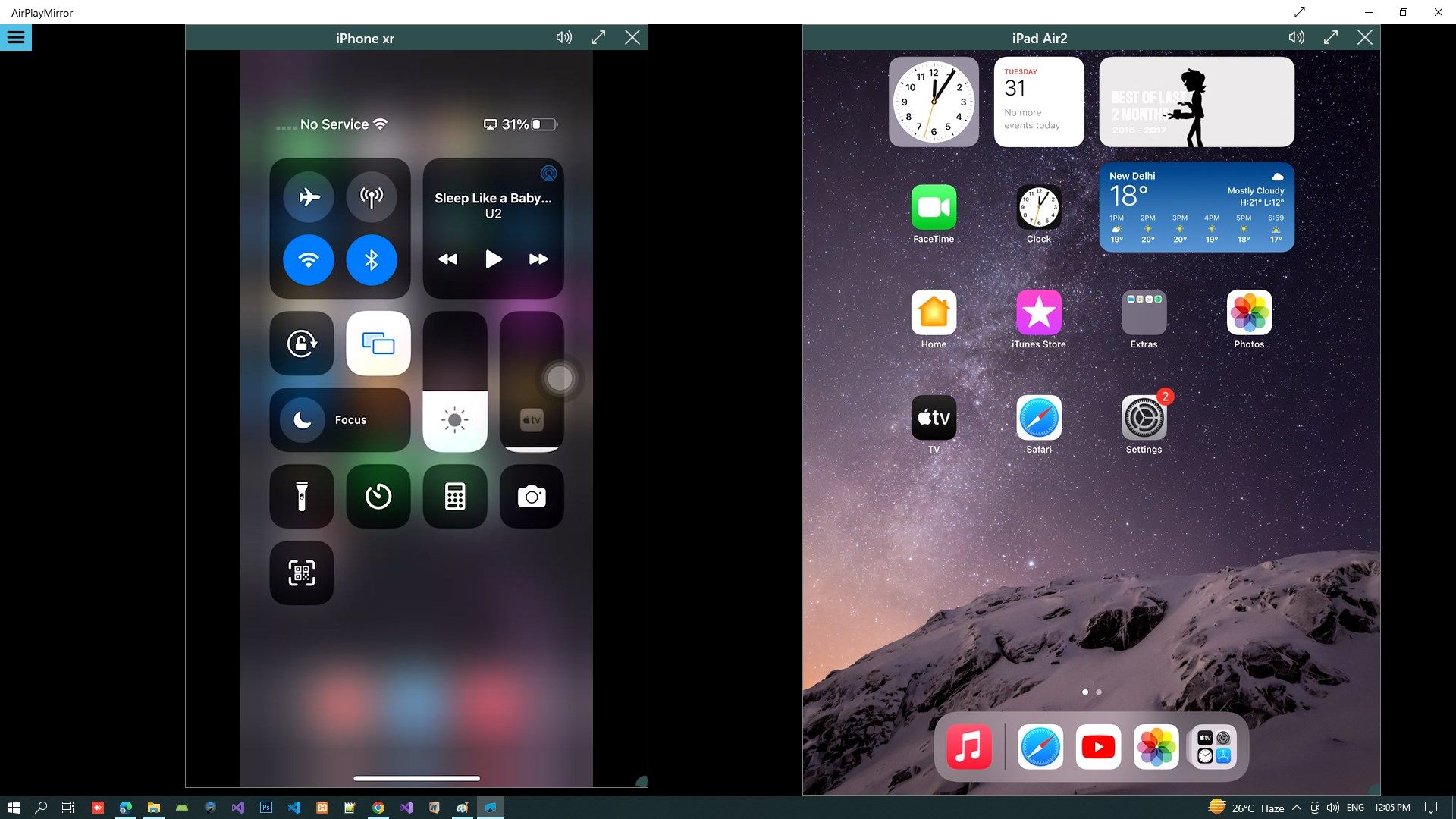 iPhone and iPad mirroring side by side on same pc.