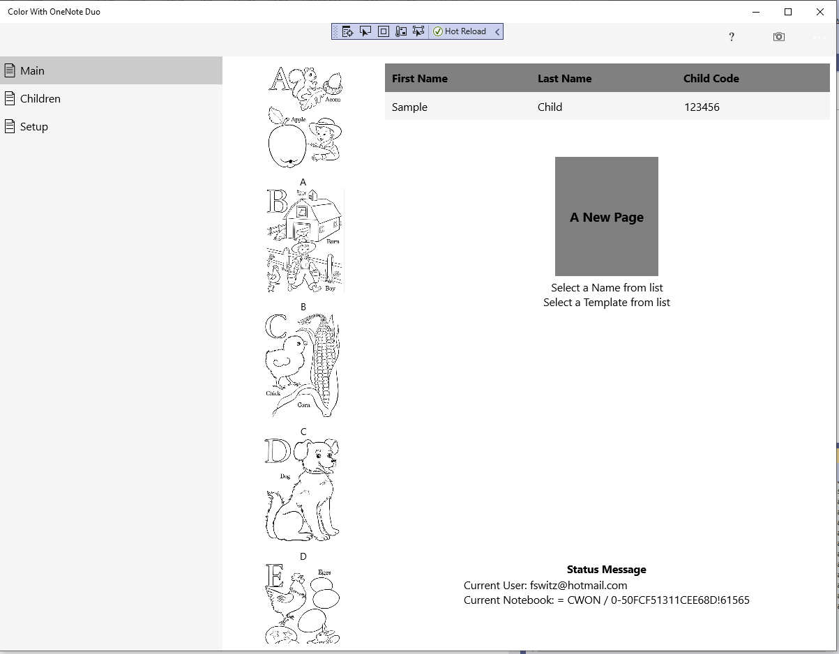Main Screen before selection of Child Name and Coloring Book page.