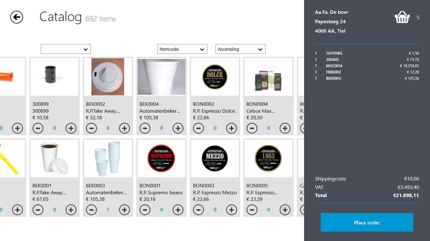 Browse and filter in your catalogue, add items to the order