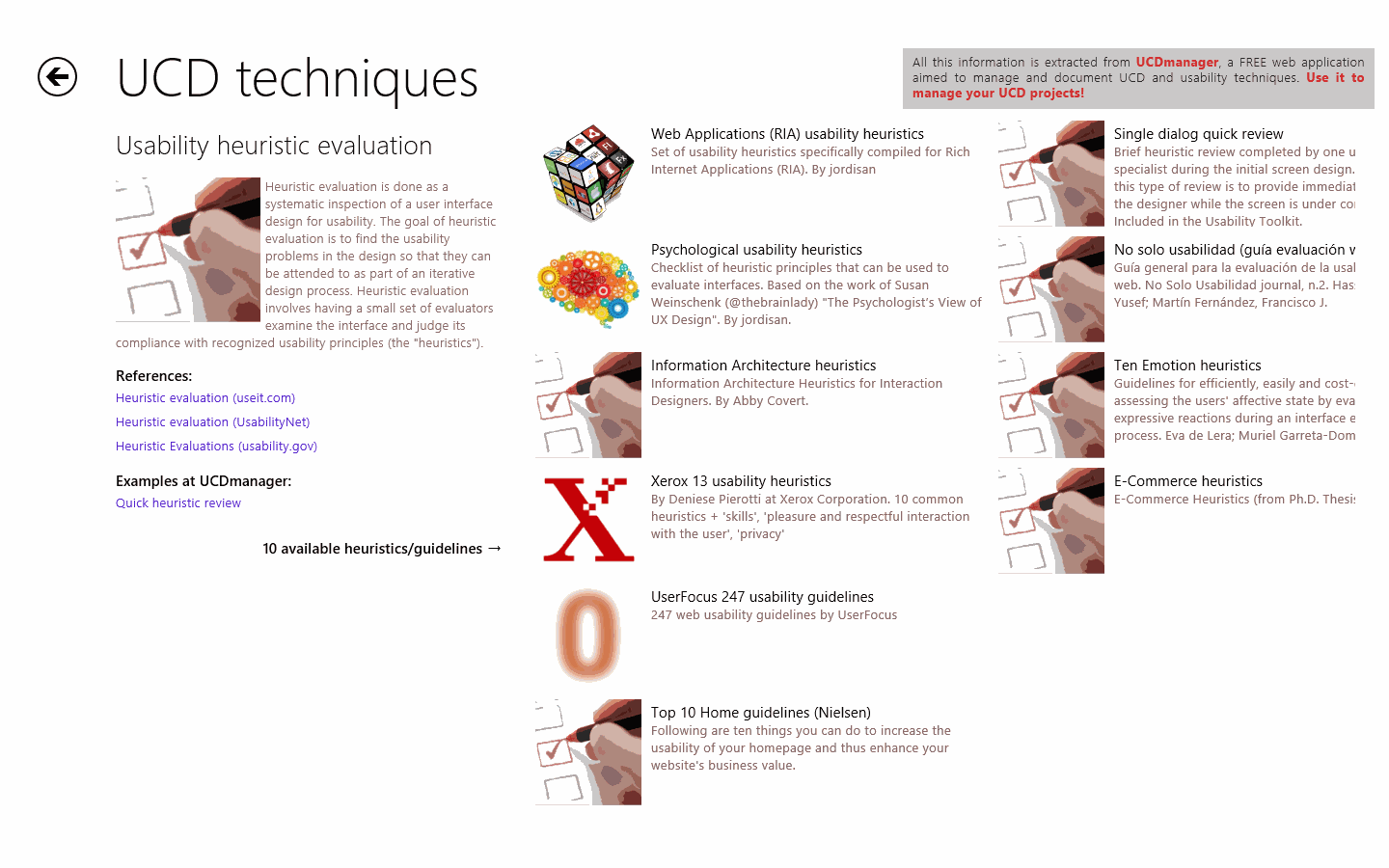 Detail of a technique (usability heuristic evaluation) and available heuristics