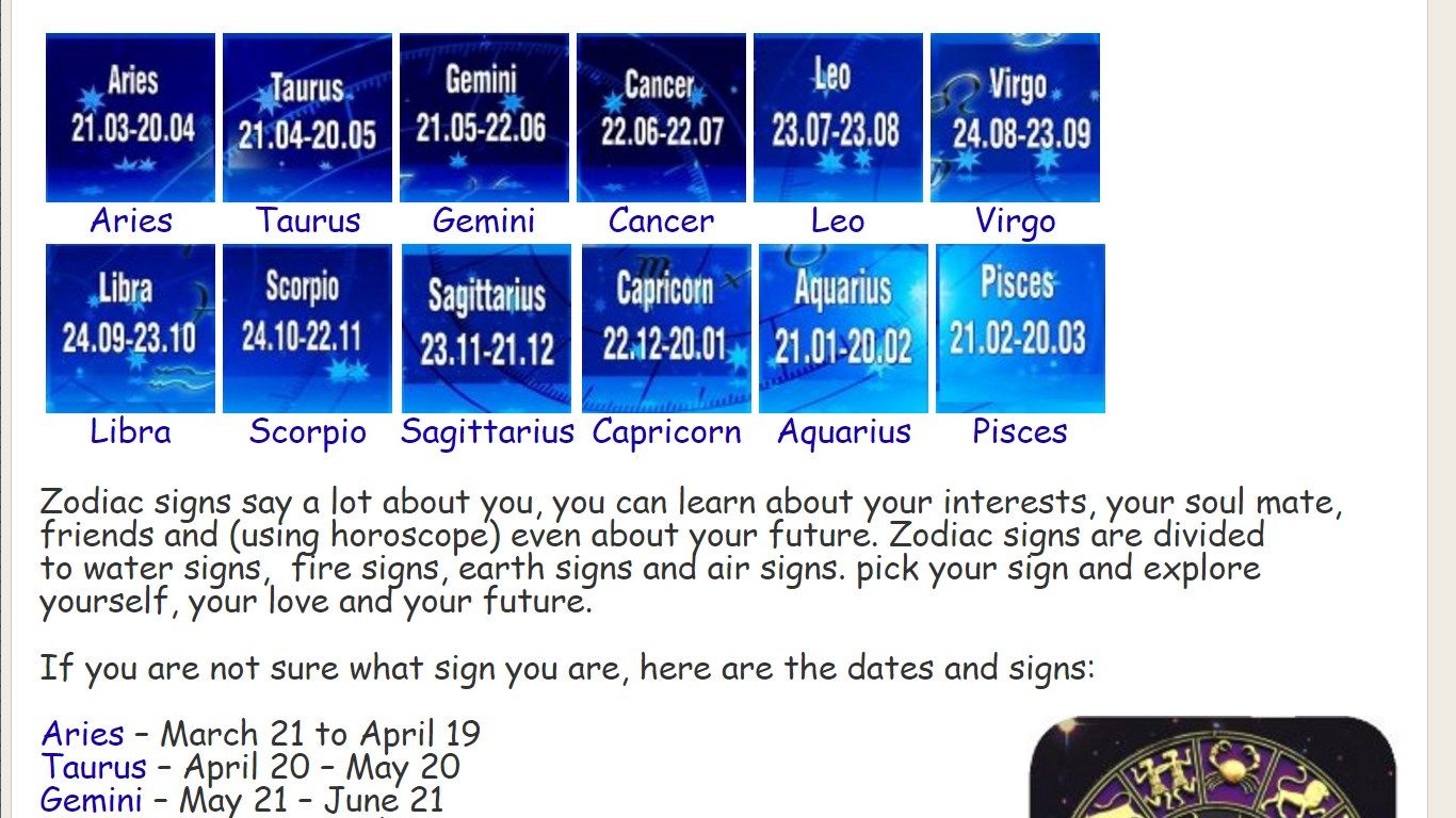 Zodiac Signs and Daily Horoscope - Cancer, Scorpio, Pisces, Aries, Leo, Sagittarius, Taurus, Virgo, Capricorn, Gemini, Libra, Aquarius