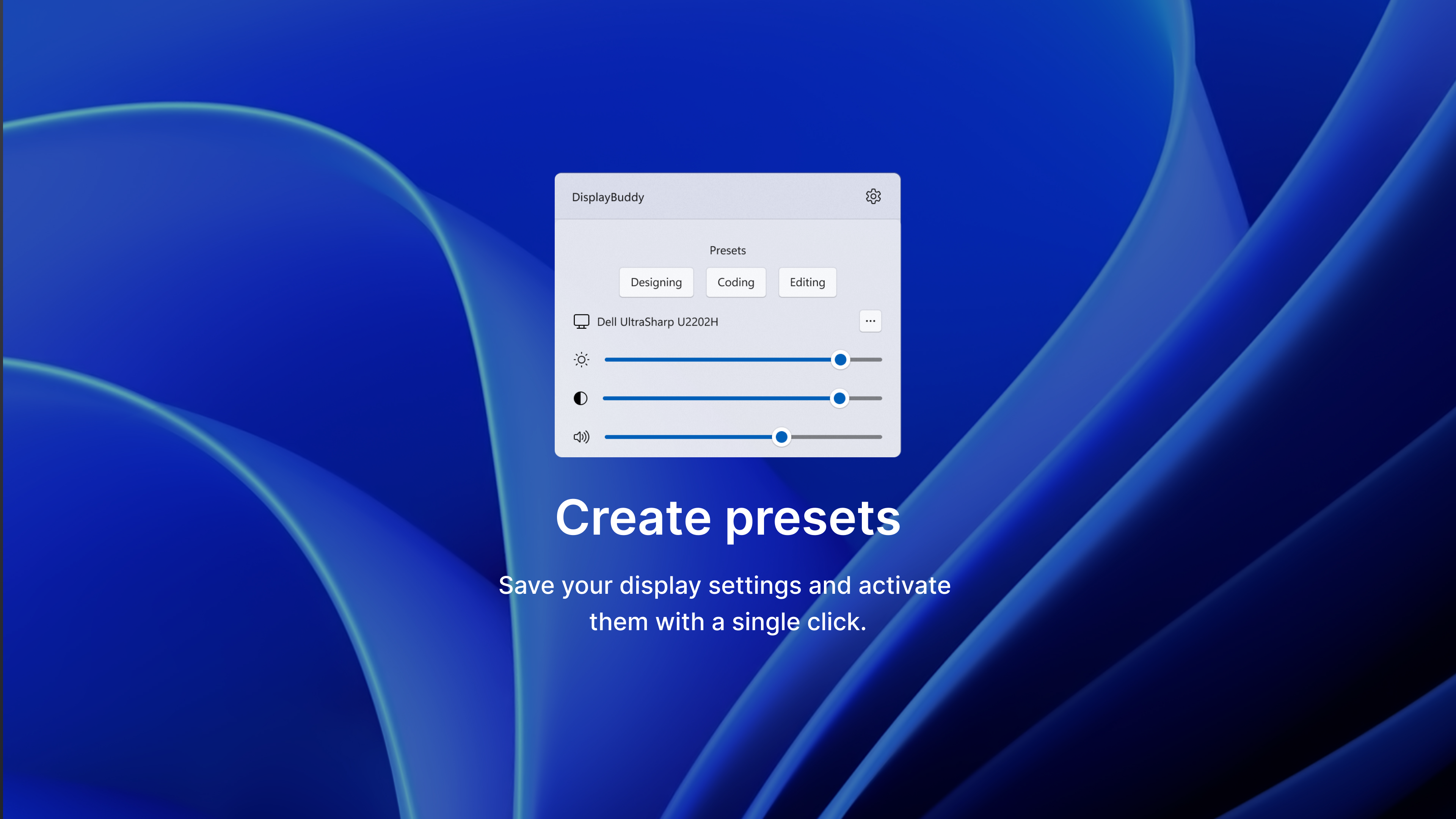 Create presets to quickly save and restore settings across monitors.