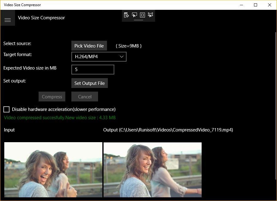 Compress Video to Size of Choice. Just specify the expected video size in MB that you want to achieve after compression.