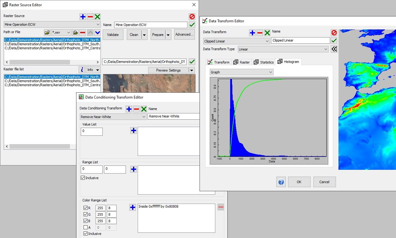 Resource editors for managing rasters, transforms and corrective filters