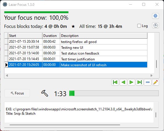 Main window with version 1.3 UI refresh, showing real-time focus feedback.