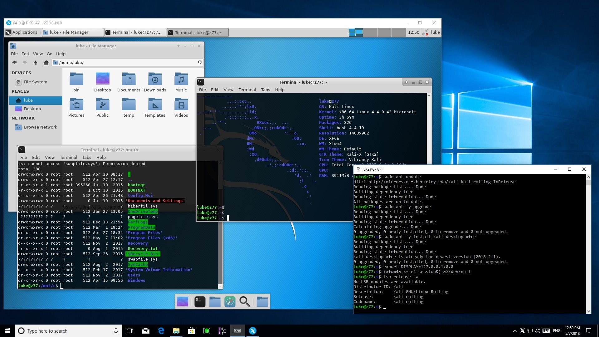 Kali Linux Xfce4 desktop on X410