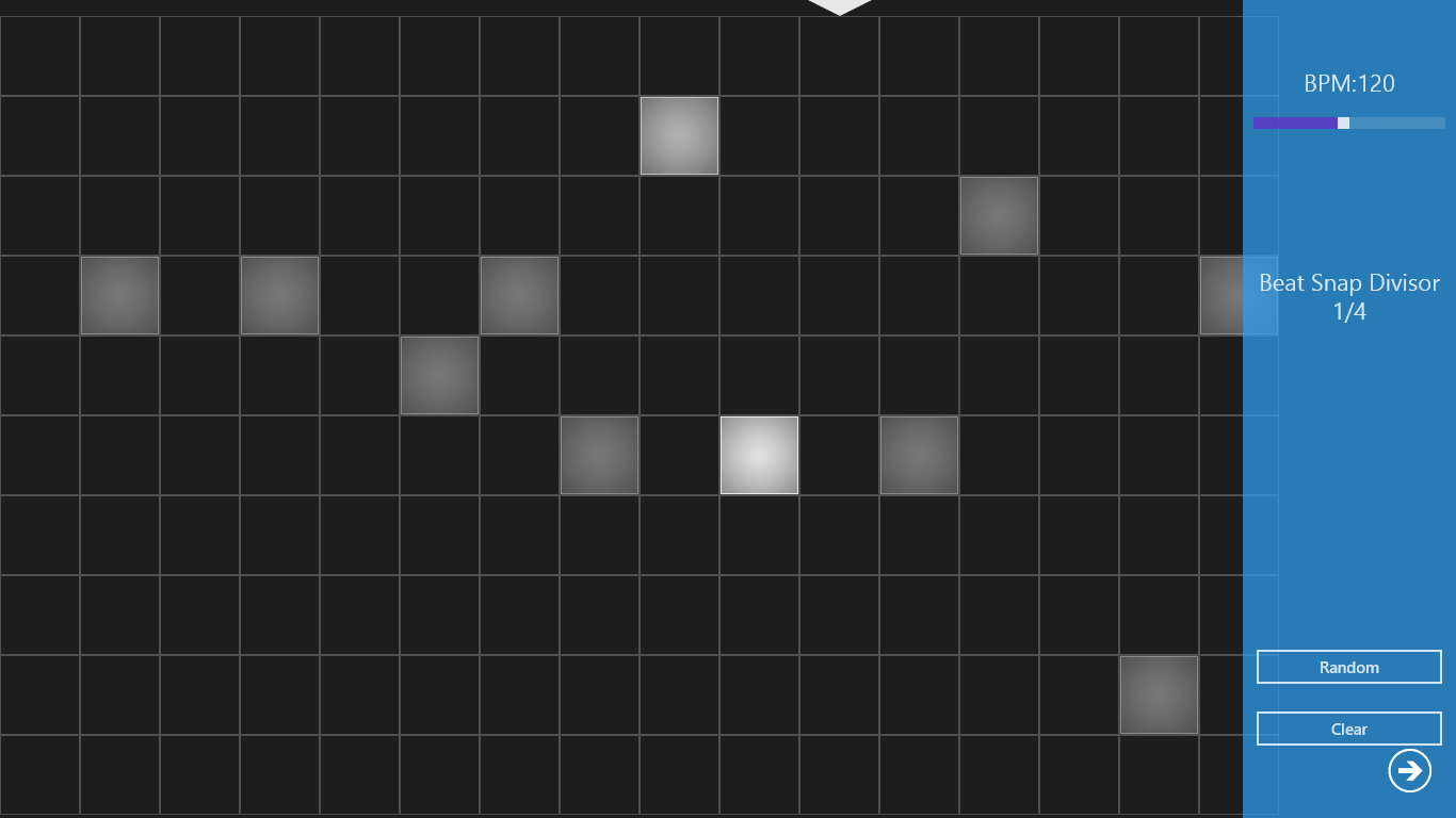 white blocks in the active blocks, they will play sounds in order.Add feature of set BPM and random sounds.
